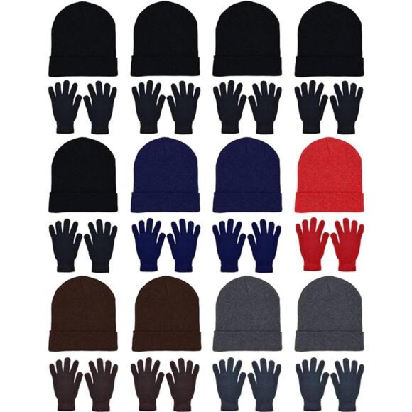24x Winter Beanies & Gloves Combo Pack Bulk Pack for Men Women Warm Cozy Gift